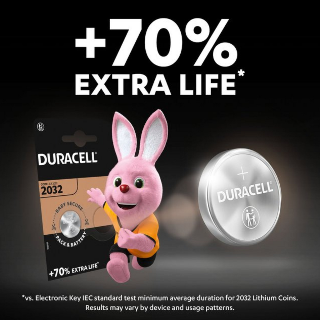 "Duracell CR2032 battery with 70% extra life"
